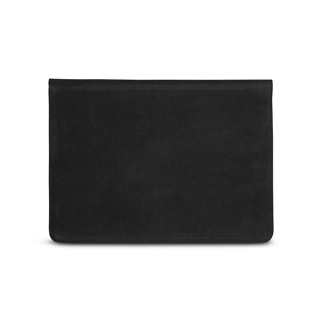 Black leather laptop sleeve, back view, full-grain leather, made by hand