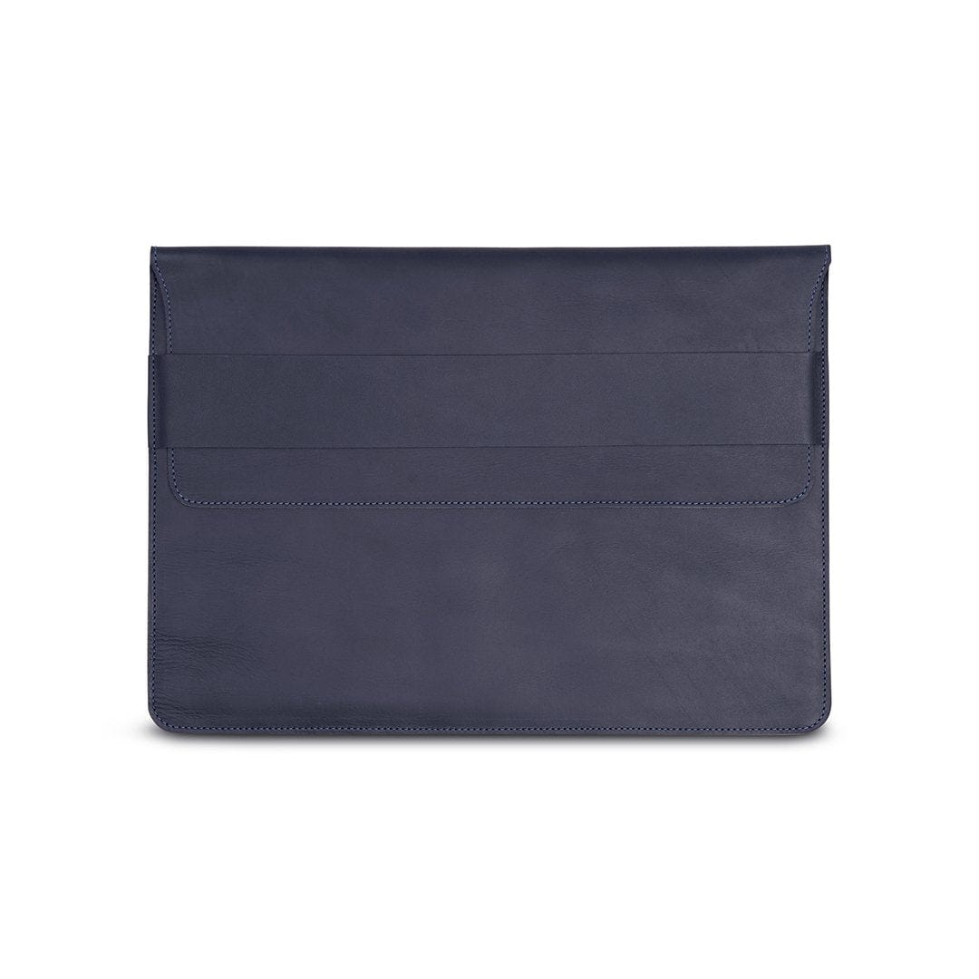 Navy leather laptop sleeve, front view, made by hand by our artisans