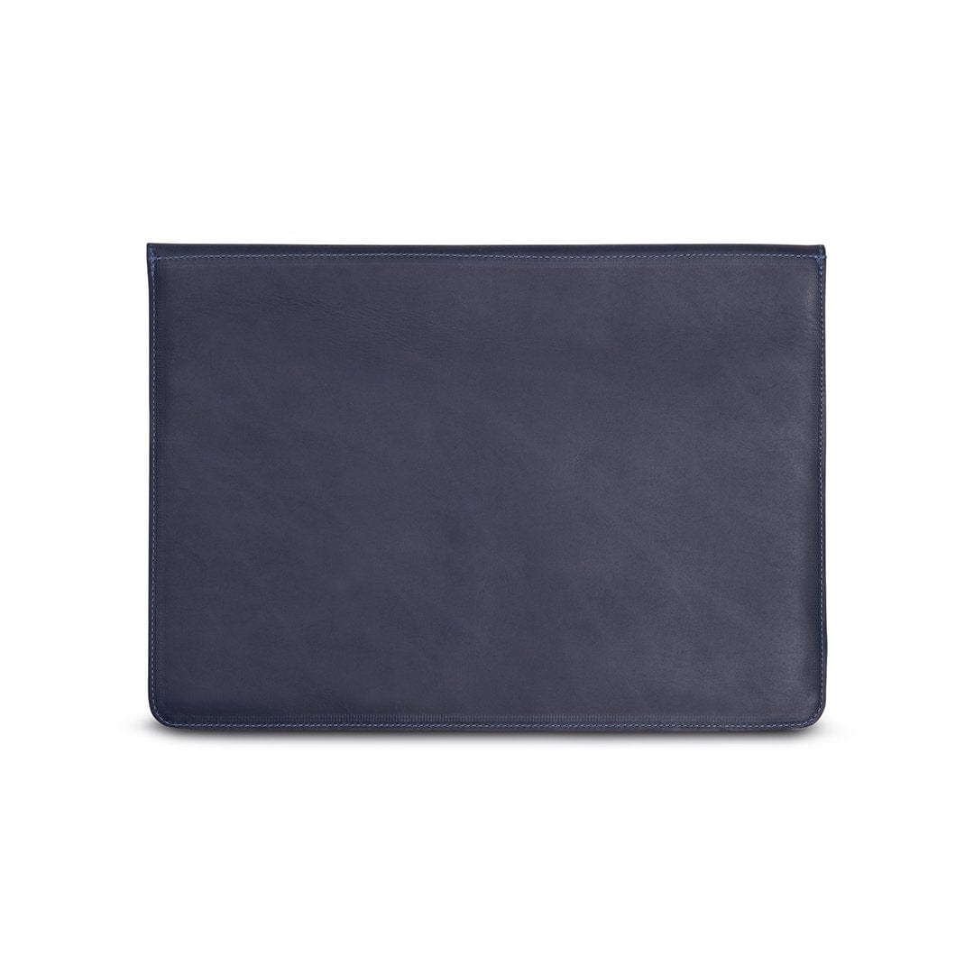 Navy leather laptop sleeve, back view, customization available