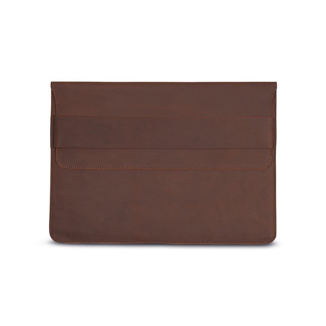 Brown leather laptop sleeve, front view, personalization available
