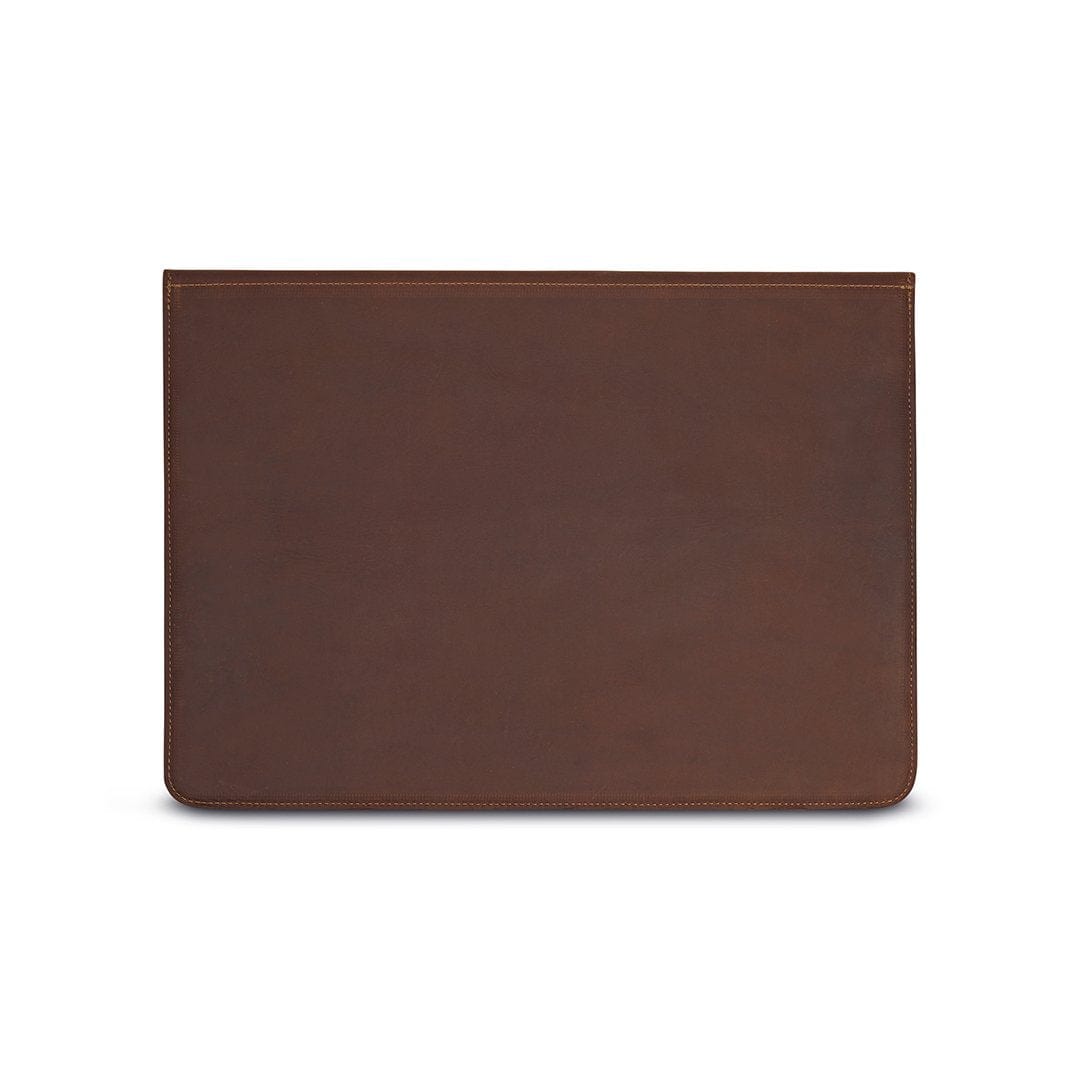 Brown leather laptop sleeve, back view