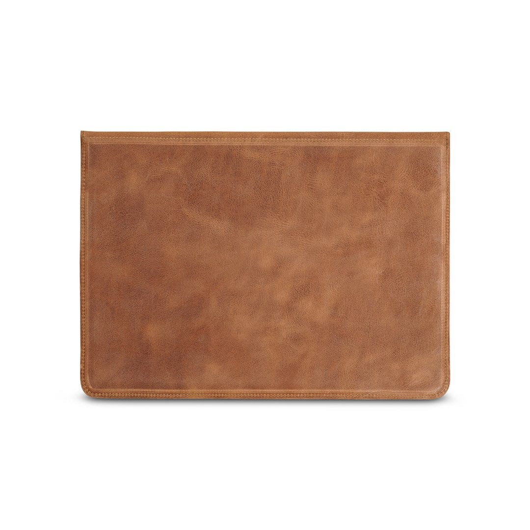 Tan leather laptop sleeve, back view, customization available