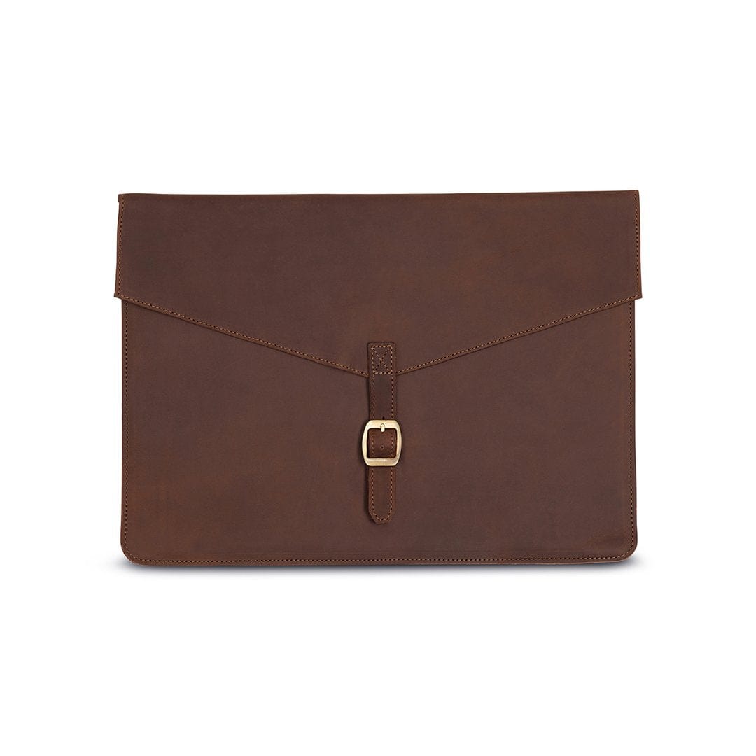 Brown leather laptop sleeve with buckle strap, front view, made by hand by our artisans