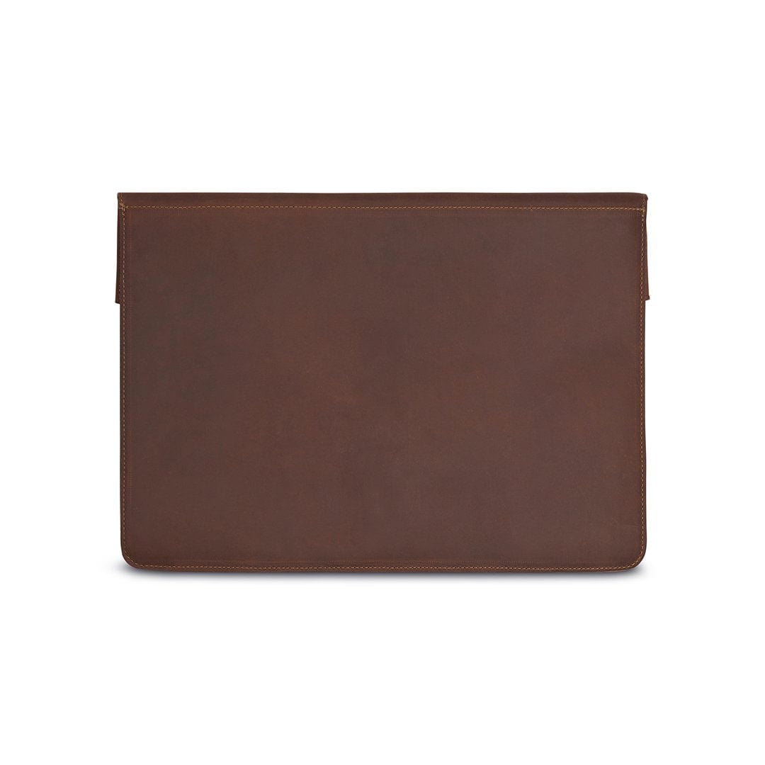 Brown leather laptop sleeve with buckle strap, back view, customization available