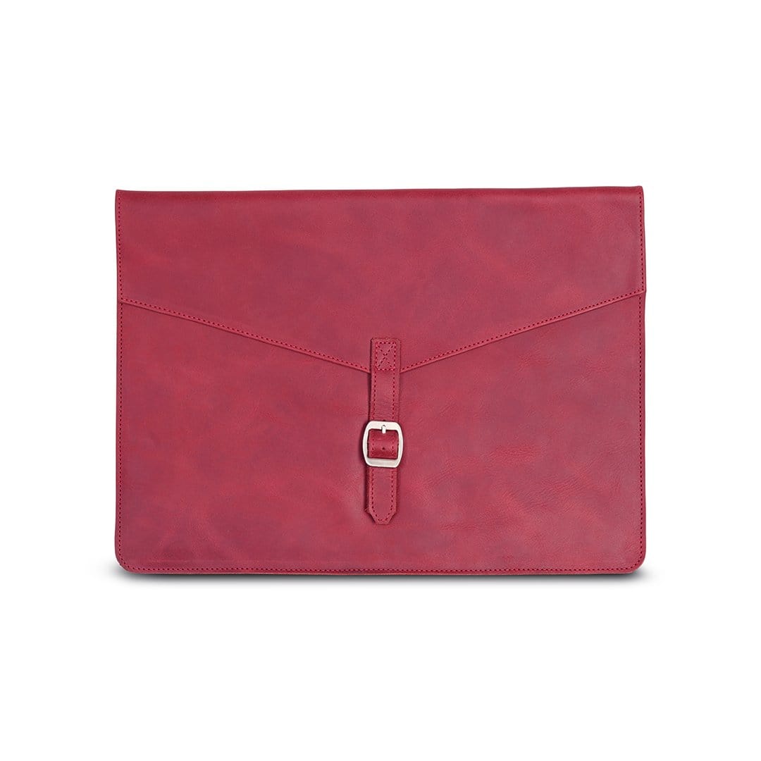 Red leather laptop sleeve with buckle strap, front view, handcrafted and made to order