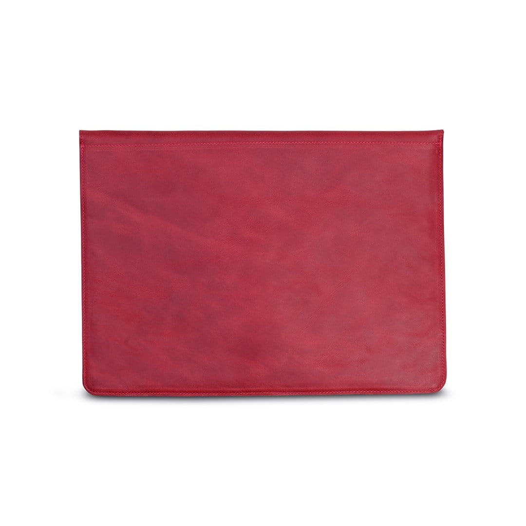 Red leather laptop sleeve with buckle strap, back view, full-grain leather, made by hand