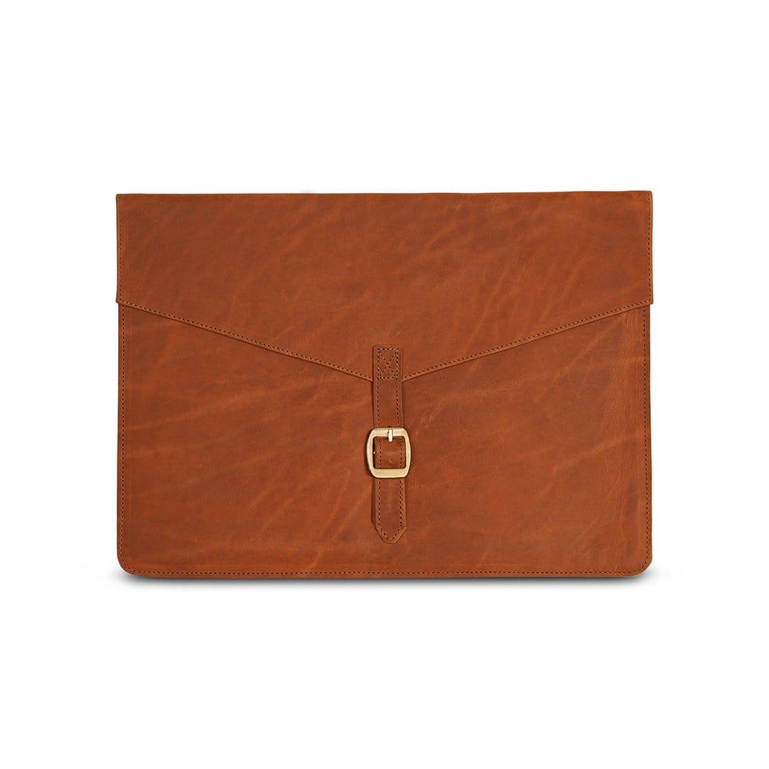 Light brown leather laptop sleeve with buckle strap, front view, personalization available