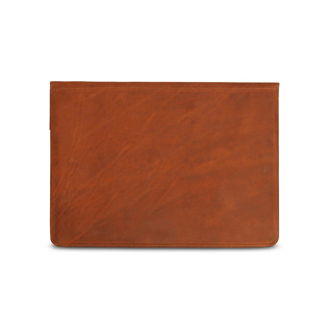 Light brown leather laptop sleeve with buckle strap, back view