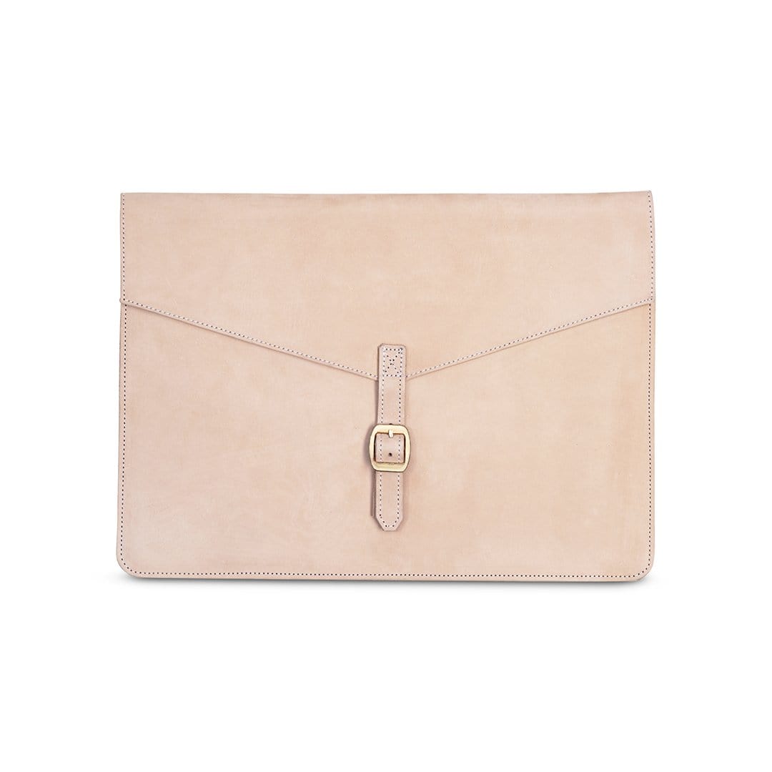 Cream leather laptop sleeve with buckle strap, front view, handcrafted and made to order