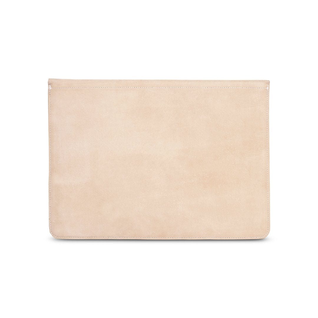 Cream leather laptop sleeve with buckle strap, back view, full-grain leather, made by hand