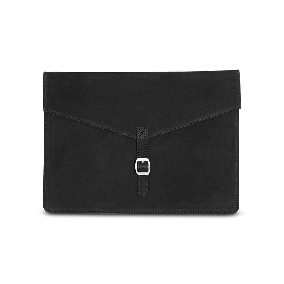 Black leather laptop sleeve with buckle strap, front view, made by hand by our artisans