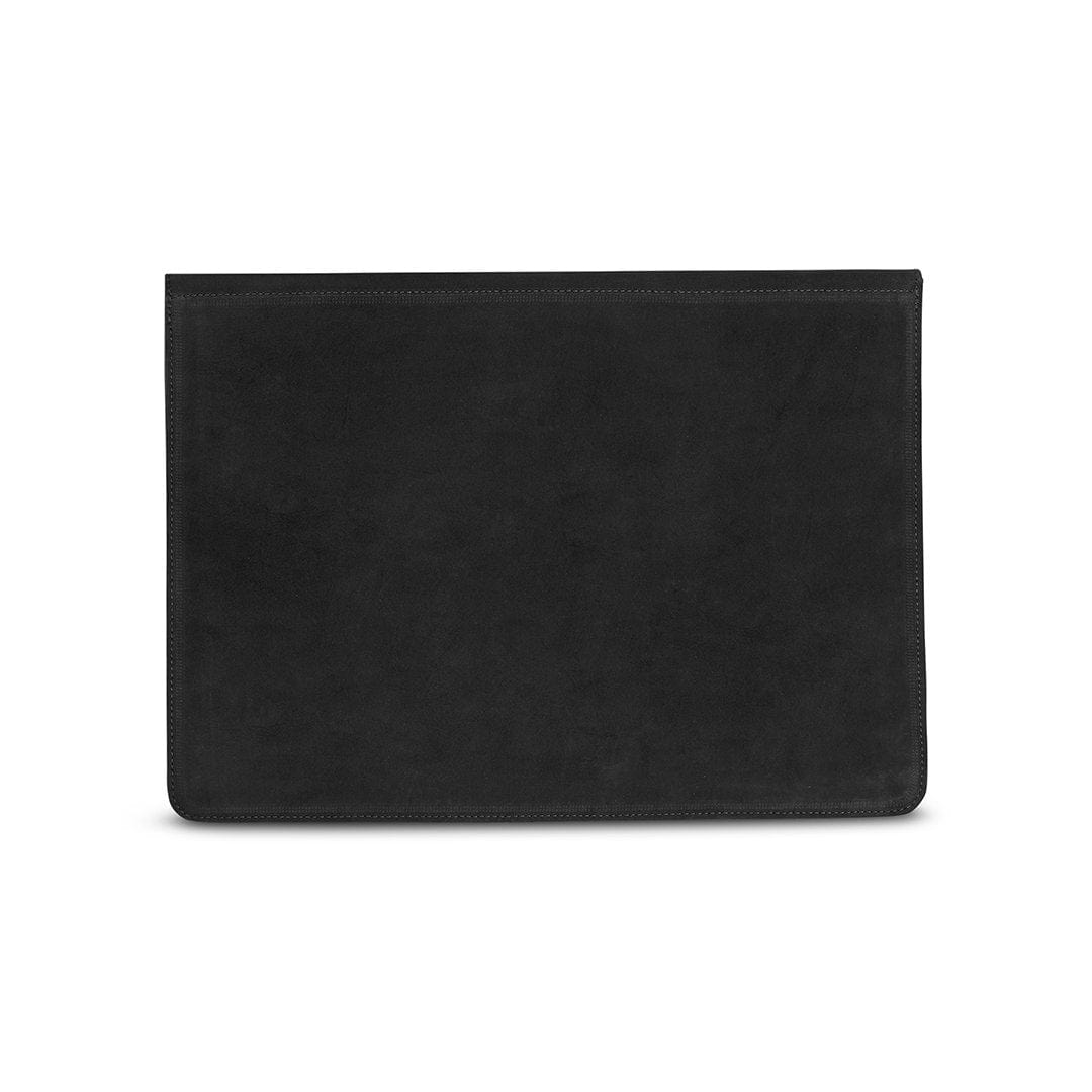 Black leather laptop sleeve with buckle strap, back view, customization available