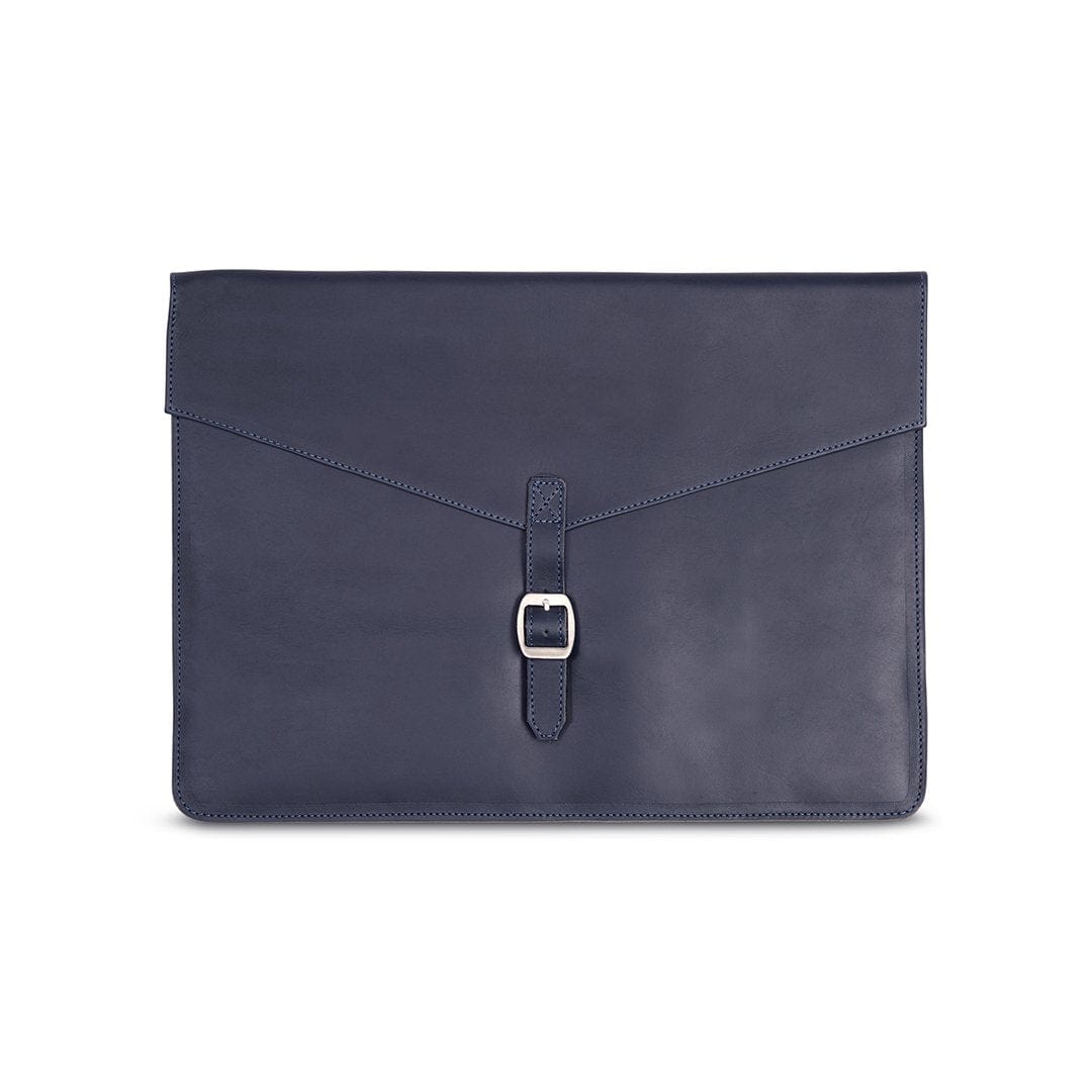 Blue leather laptop sleeve with buckle strap, front view, personalization available