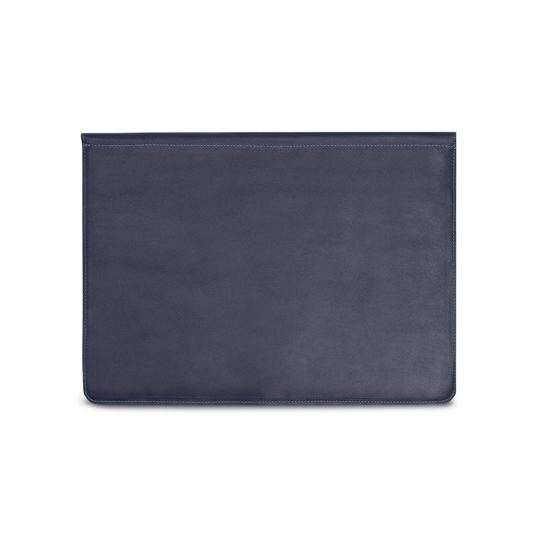 Navy leather laptop sleeve with buckle strap, back view