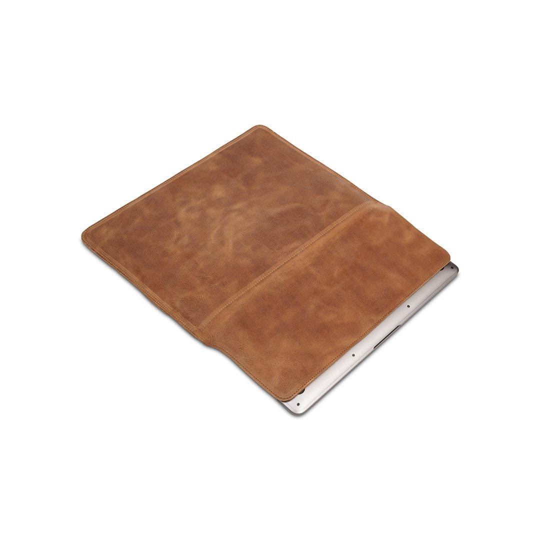 Tan leather laptop sleeve, shown open, stitched by hand in Guatemala
