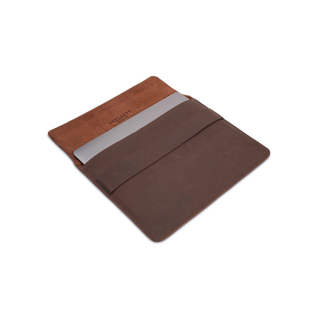 Brown leather laptop sleeve, shown open