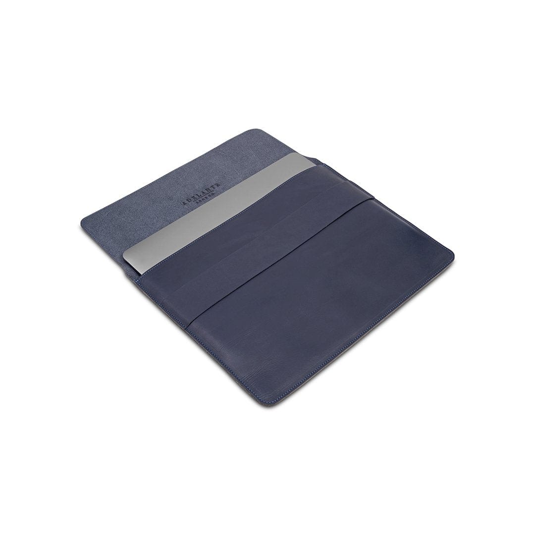 Navy leather laptop sleeve, shown open, made to order