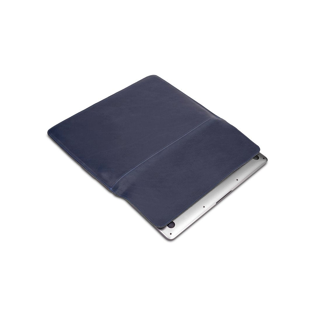 Blue leather laptop sleeve, shown open, stitched by hand in Guatemala