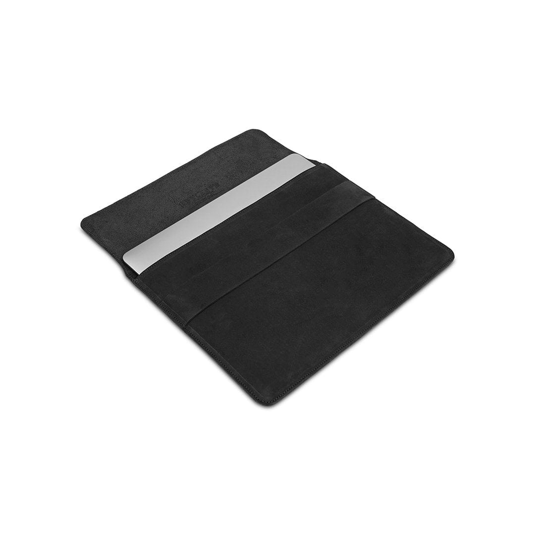 Black leather laptop sleeve, shown open, made to order in Guatemala