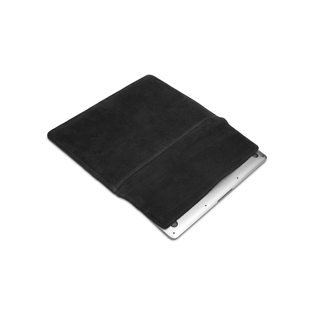 Black leather laptop sleeve, shown open, handcrafted to order in Guatemala