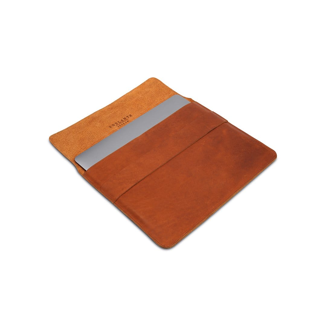 Light brown leather laptop sleeve, shown open