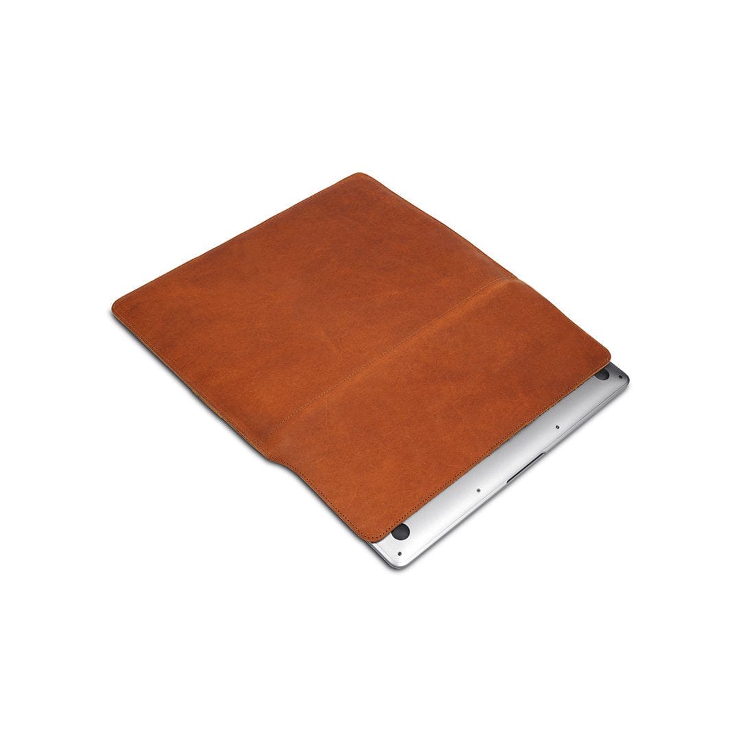 Light brown leather laptop sleeve, shown open, handcrafted and made to order