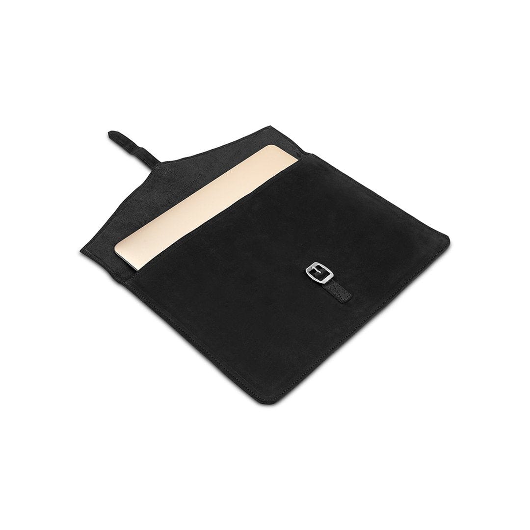 Black leather laptop sleeve with buckle strap, shown open, made to order