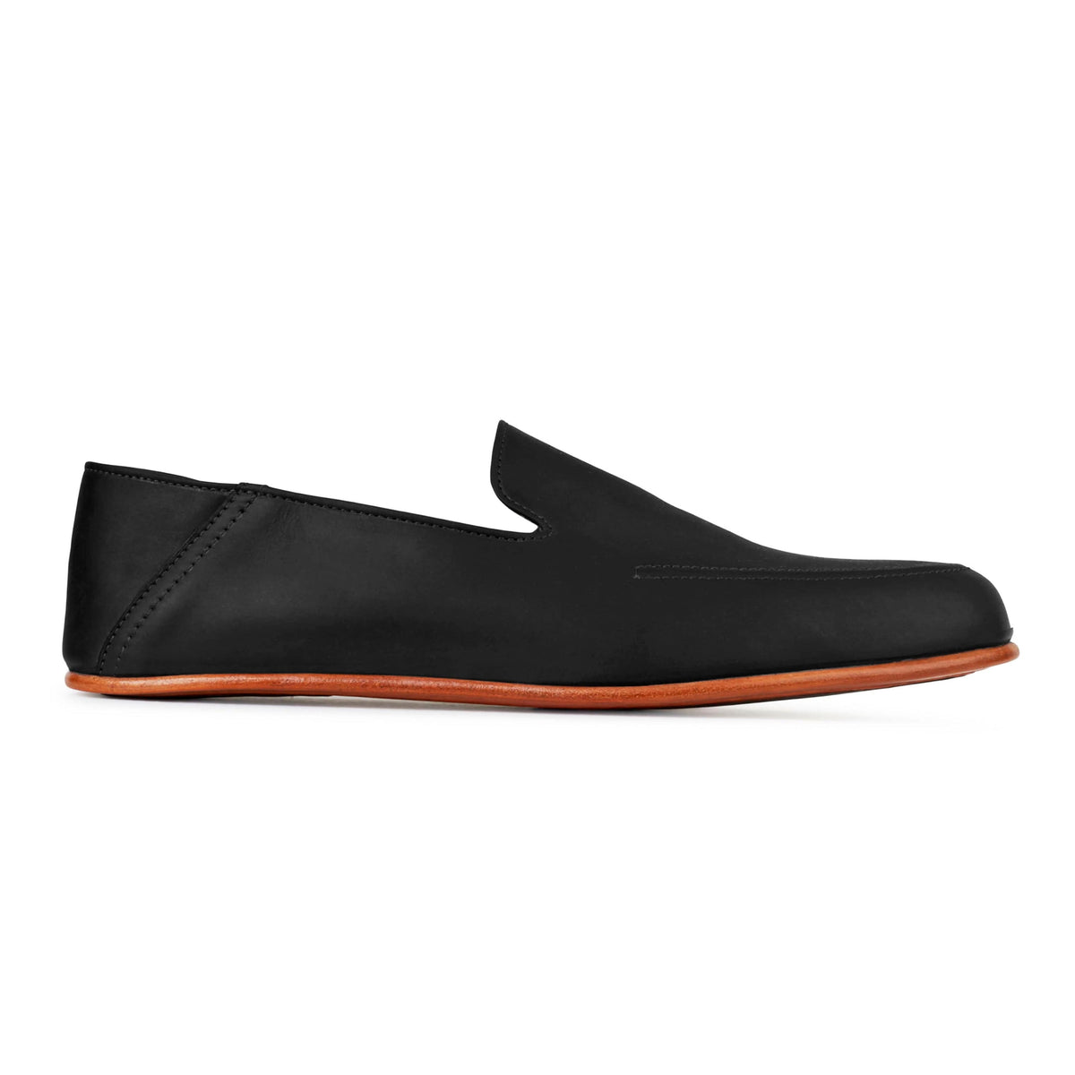 Side view of a men's wide black leather zero-drop loafer – The Tomás