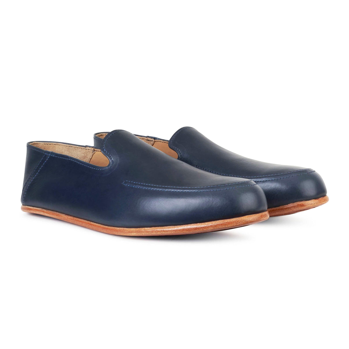 Pair of men's 2E-wide blue leather zero-drop loafers, shown from the front at an angle, with split sizing for two different-sized feet
