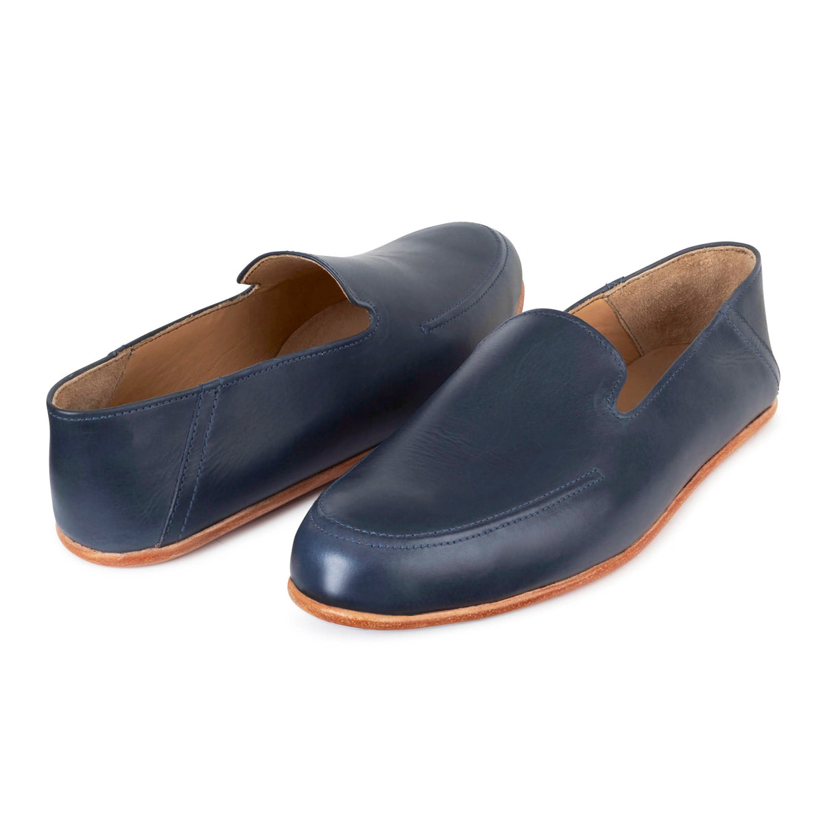 Men's 5E extra-wide blue leather zero-drop loafers, shown at an angle, made to order in size 15 – The Tomás