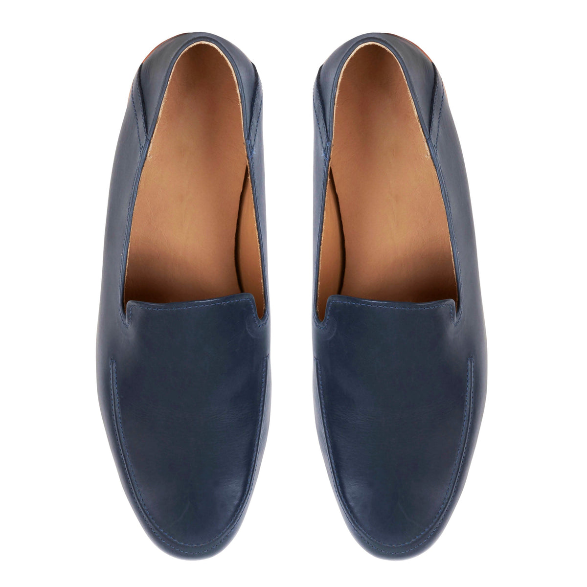 Men's 4E-wide blue leather zero-drop loafers, from above, handcrafted to fit size 6.5 – The Tomás