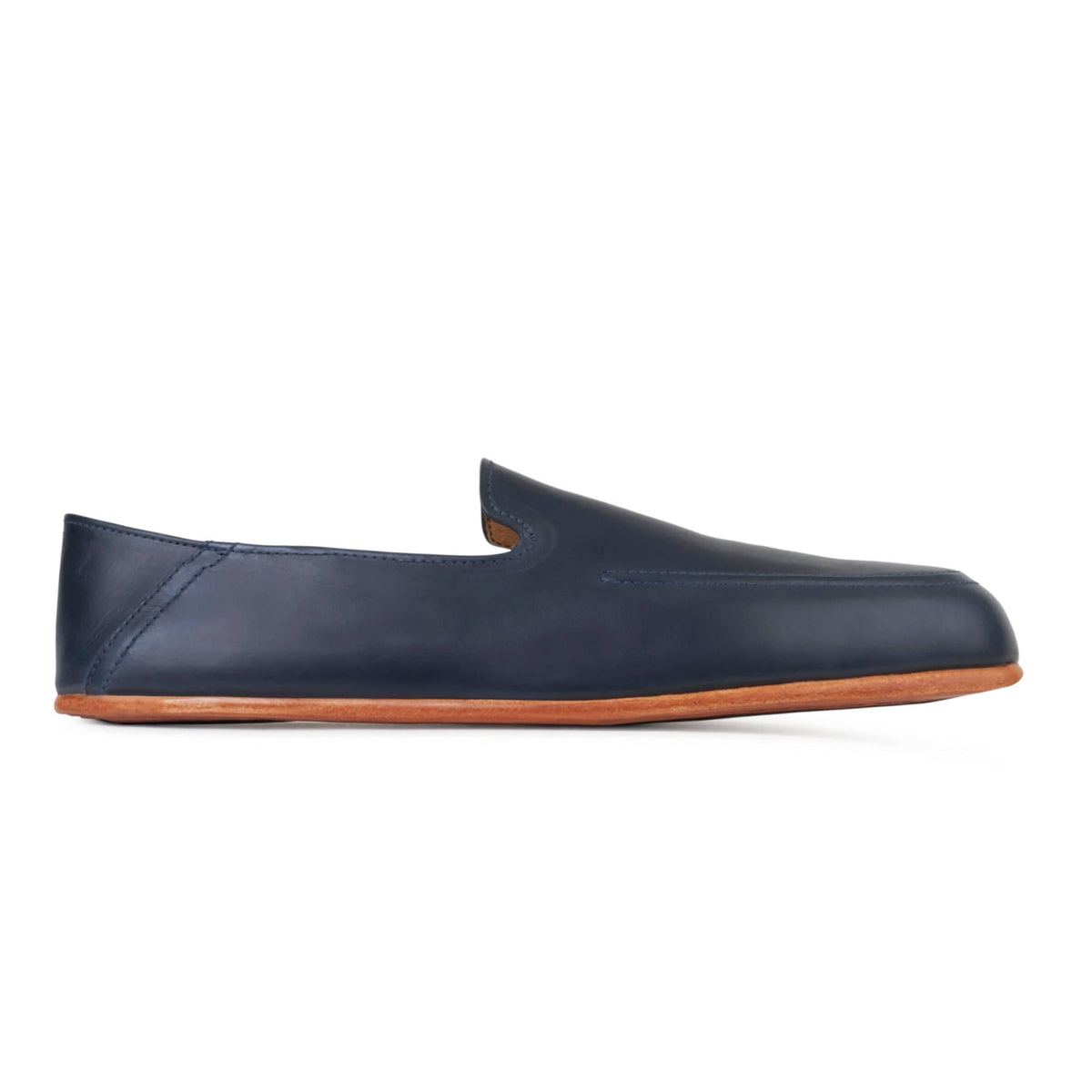 Men's EEEEE extra-wide blue leather zero-drop loafer, shown in side profile, also made for size 7.5 feet – The Tomás
