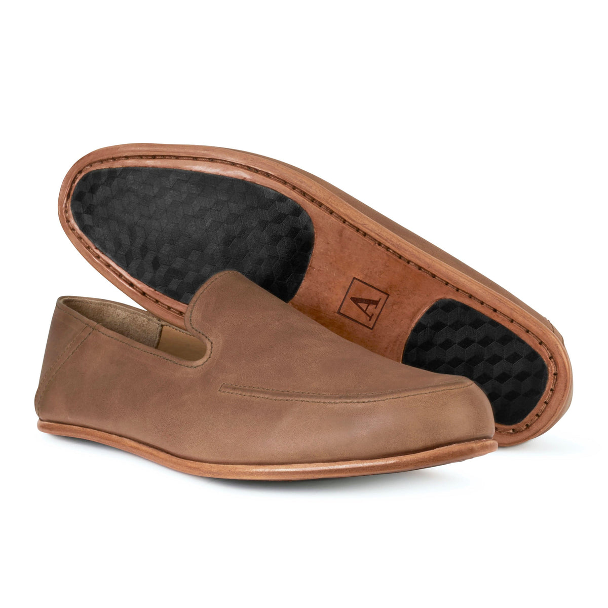 Men's 2E-wide tan leather zero-drop loafers, with the sole turned up – The Tomás