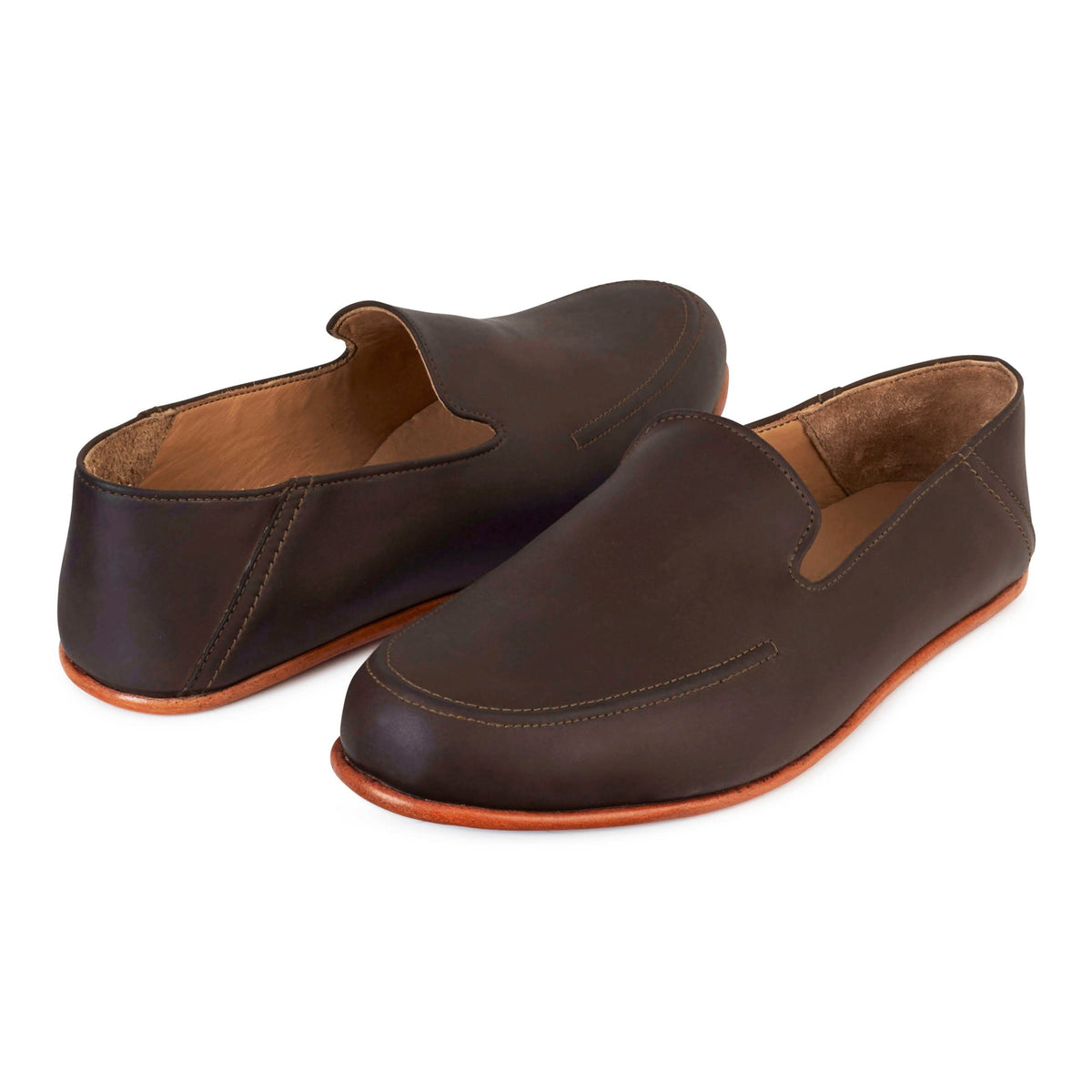 Men's 5E extra-wide dark brown leather zero-drop loafers, shown from the front at an angle. Custom sizing on request – The Tomás