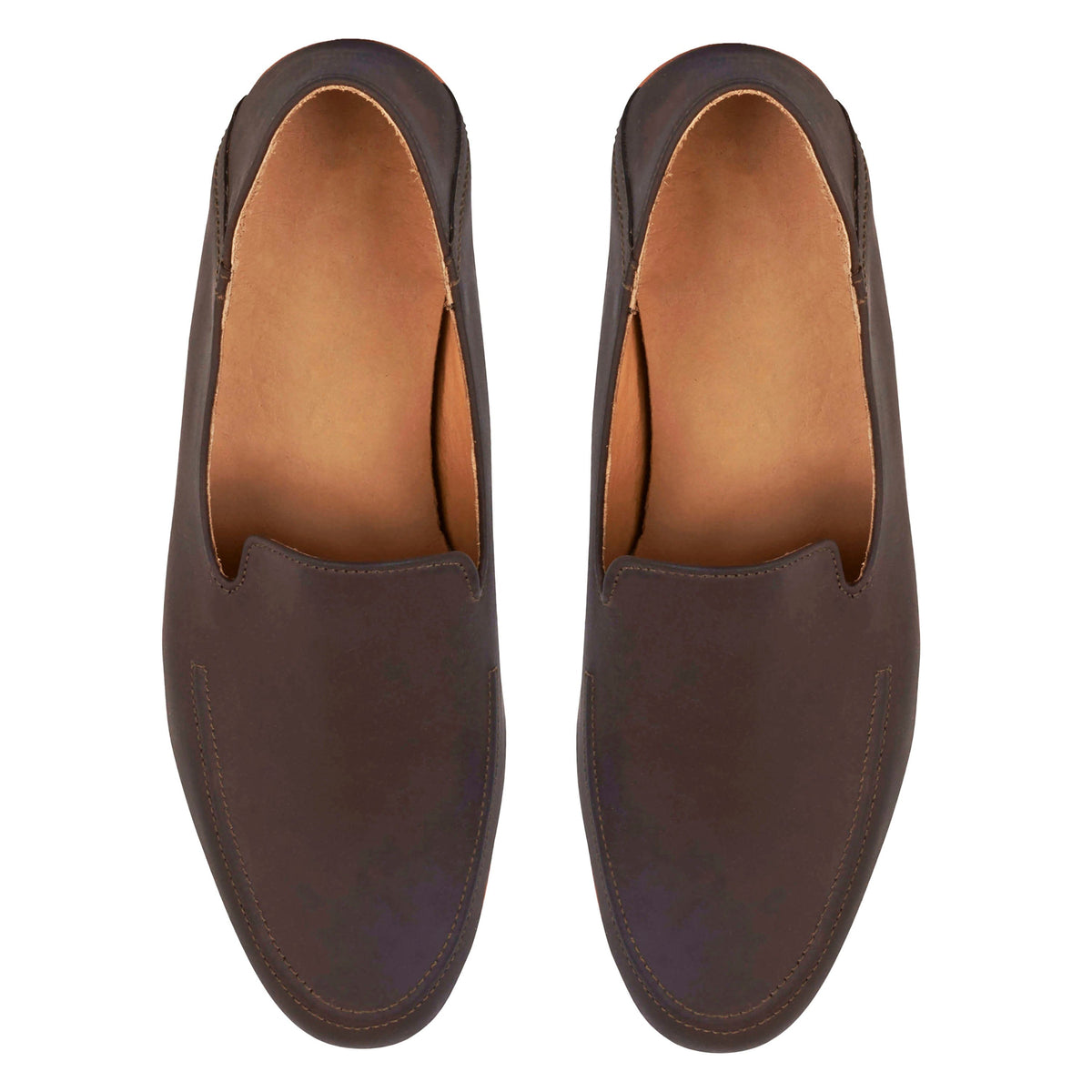 Men's 3E-wide dark brown leather zero-drop loafers, seen from above, made to your exact length and width – The Tomás