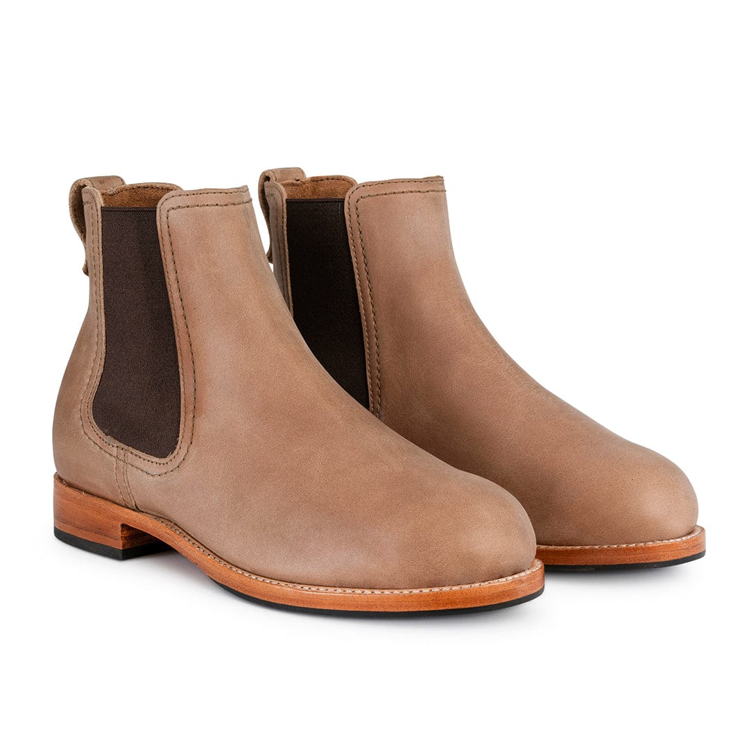 Adelante tan women's Chelsea boots with elastic side panels, pull tabs, contrast stitching, and low walking heels, available in sizes 4 to 8.5 and narrow to extra wide widths.