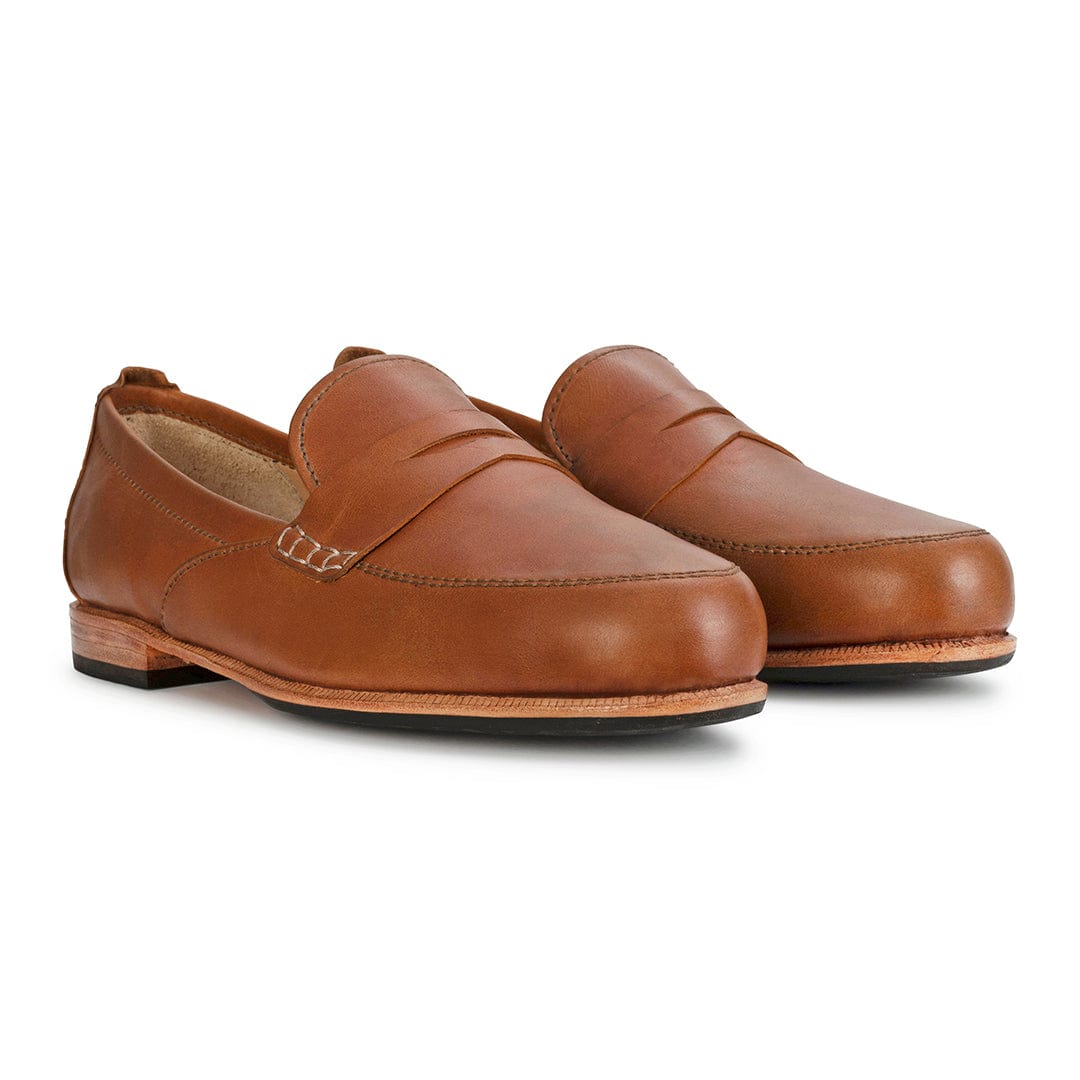 Women's EE wide light brown leather dress loafers, shown at an angle – The Sabina