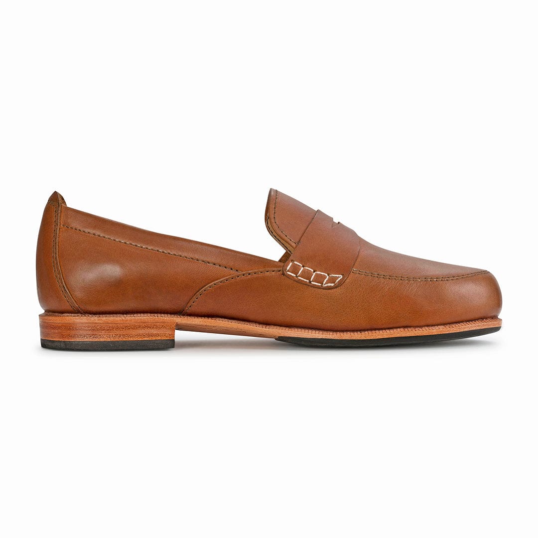 Women's 2E-wide light brown leather dress loafer, seen from the side – The Sabina