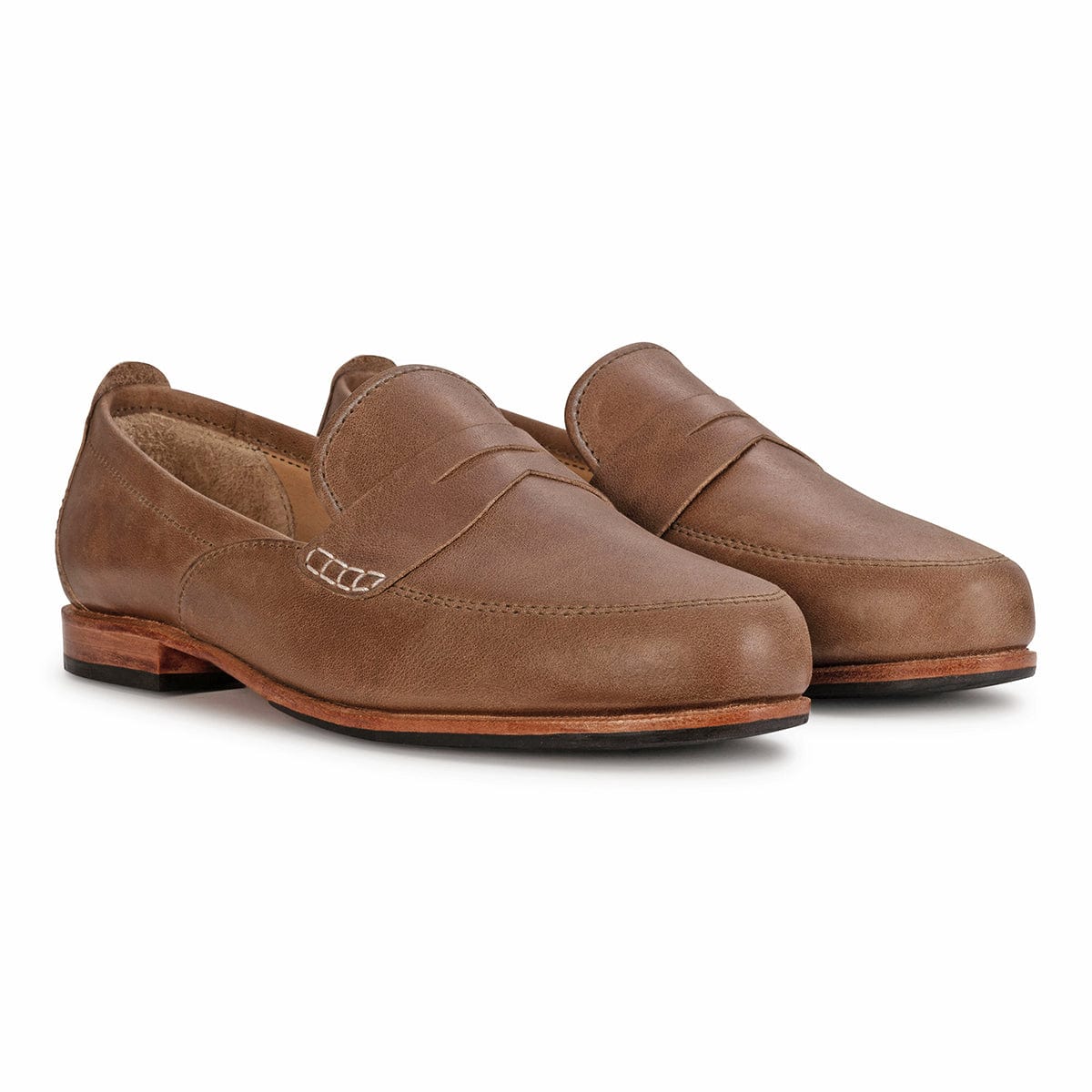 Women's 3E-wide tan leather dress loafers, shown at an angle, handcrafted to fit size 4 – The Sabina