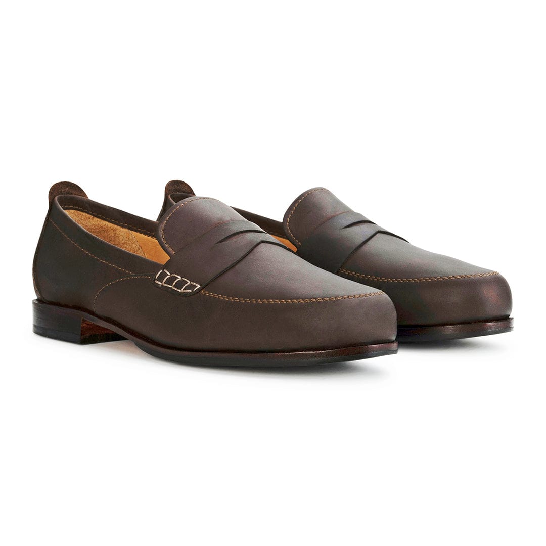 Women's wide dark brown leather dress loafers, shown at an angle – The Sabina