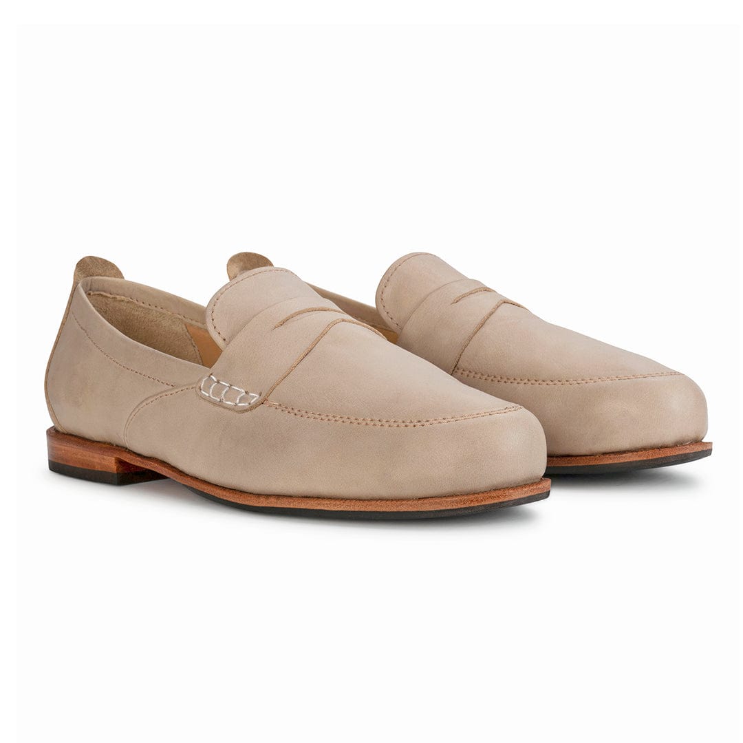 Women's EEE wide cream leather dress loafers, shown at an angle, available to order in size 13 – The Sabina