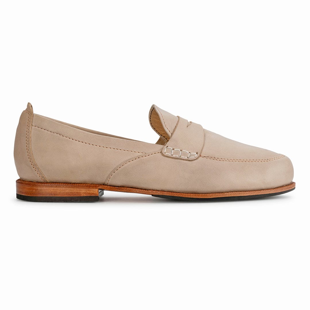 Women's narrow A-width cream leather dress loafer, seen from the side. For feet that are hard to fit – The Sabina