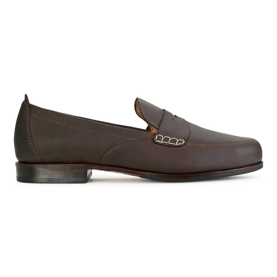 Women's 3E-wide dark brown leather dress loafer, seen from the side – The Sabina