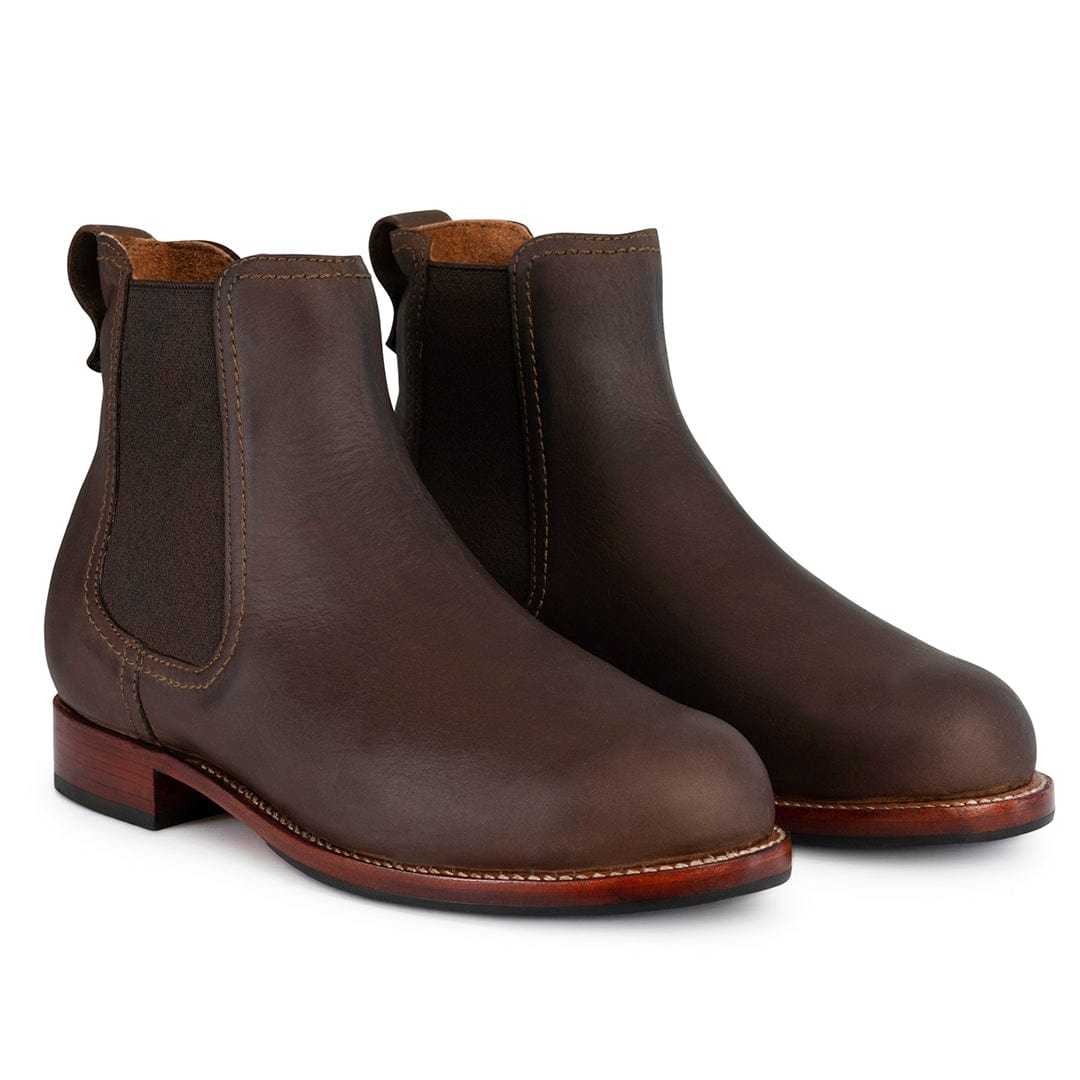 Adelante women's dark brown Chelsea boots with contrast stitching, pull tabs, and low walking heels, available in narrow to extra wide widths