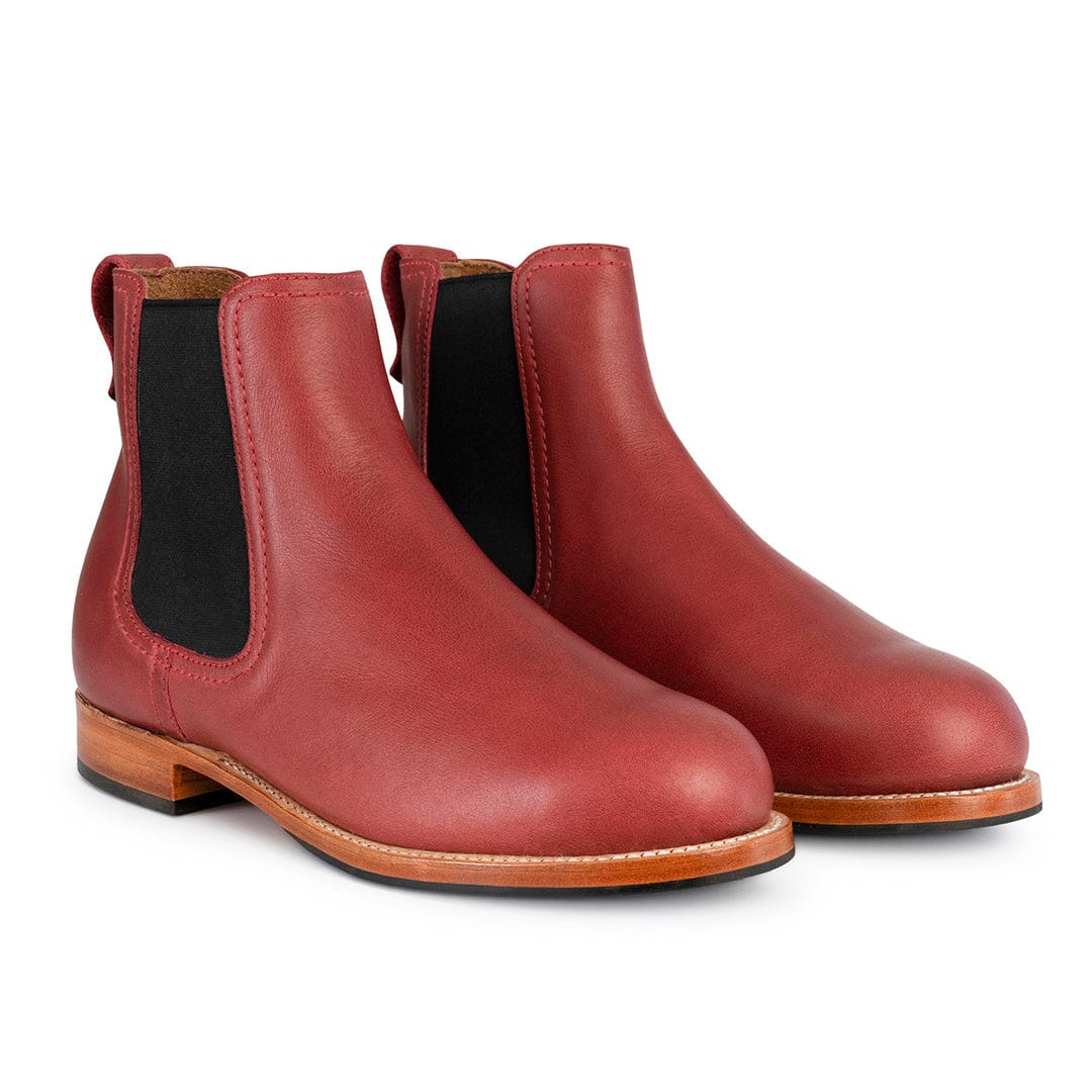 Adelante women’s red Chelsea boots with elastic side panels, pull tabs, contrast stitching, and wide width options