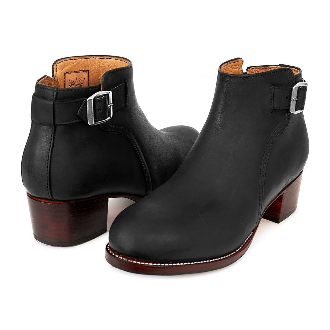 Black women's buckle booties with adjustable straps and block heels from Adelante Made-To-Order