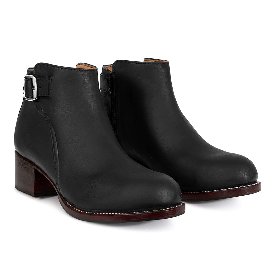 Adelante black women's buckle booties with block heels and side zippers available in narrow regular wide and extra wide widths