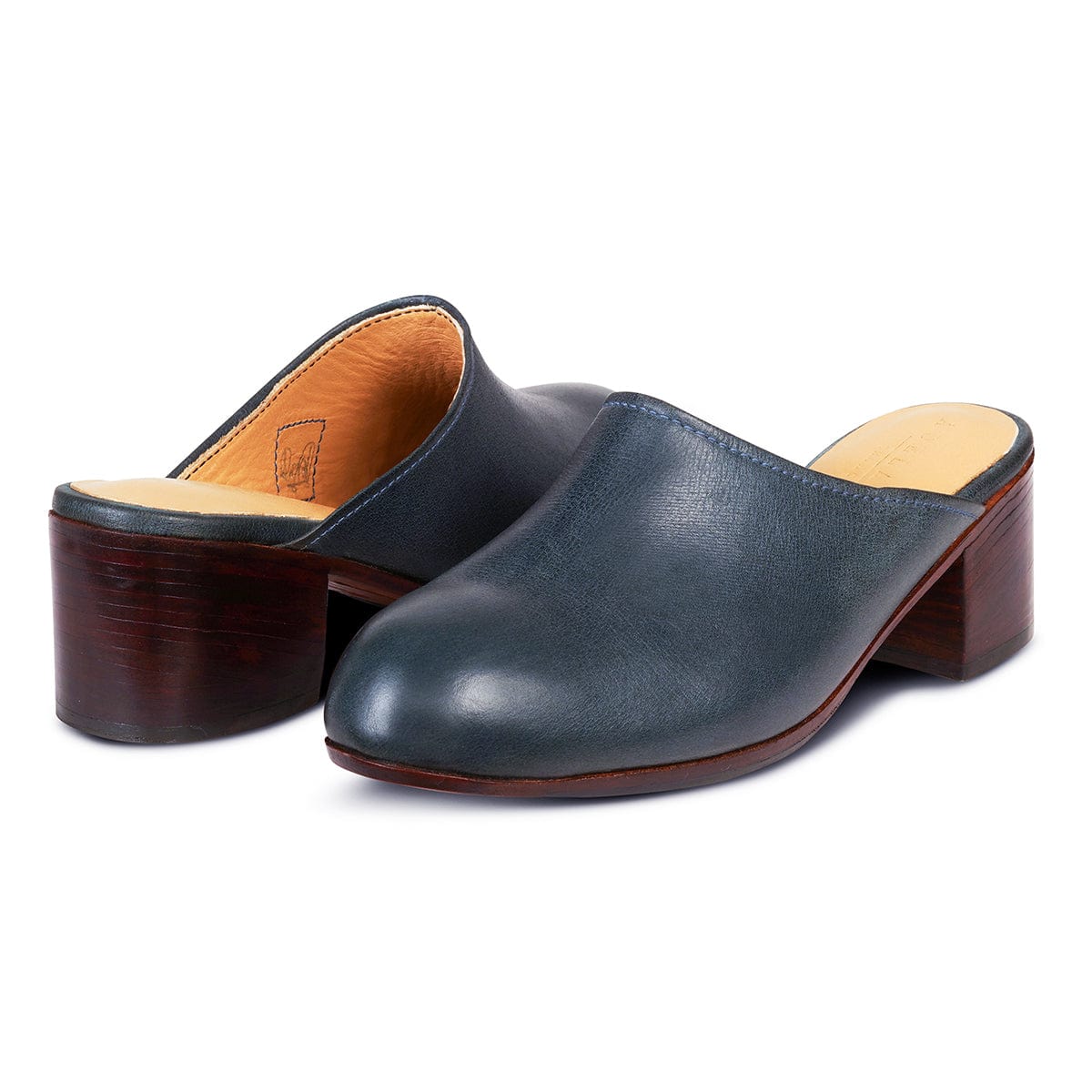 Women's EEE wide blue leather heeled mule, shown at an angle, built to order, even in size 15 – The Camila