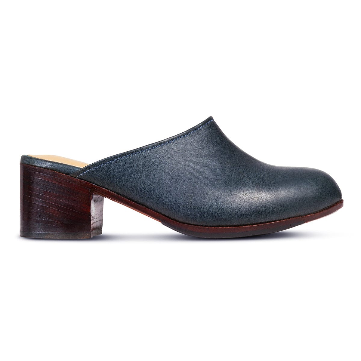 Side view of a women's EEE wide blue leather heeled mule, a size 9.5 is no problem – The Camila