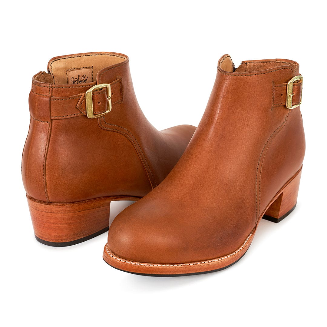 Adelante women's cognac leather buckle booties with block heels and side zippers in wide width options